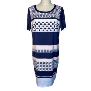 H&M sheer overlay navy print dress size 10 work vacation travel lightweight navy